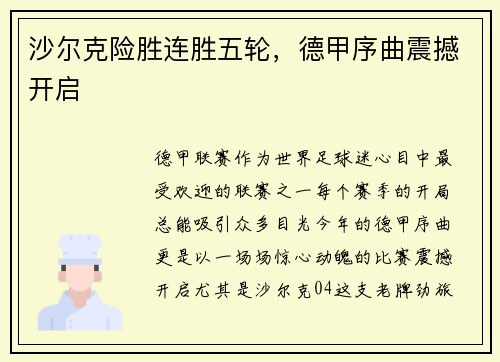 沙尔克险胜连胜五轮,德甲序曲震撼开启