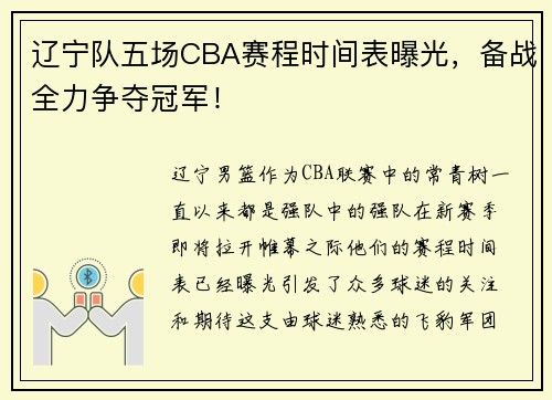 辽宁队五场CBA赛程时间表曝光，备战全力争夺冠军！
